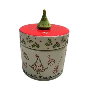 Kohl's Christmas Ceramic Candle Jar Pillar Holder Deck The Halls Tree Lid‎ 5"